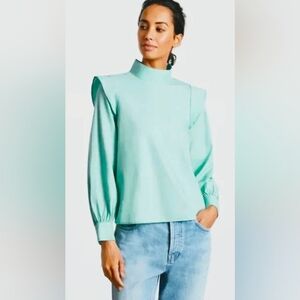 Everlane NWT The Wing Shoulder High Neck Full Sleeve Blouse Mint Green